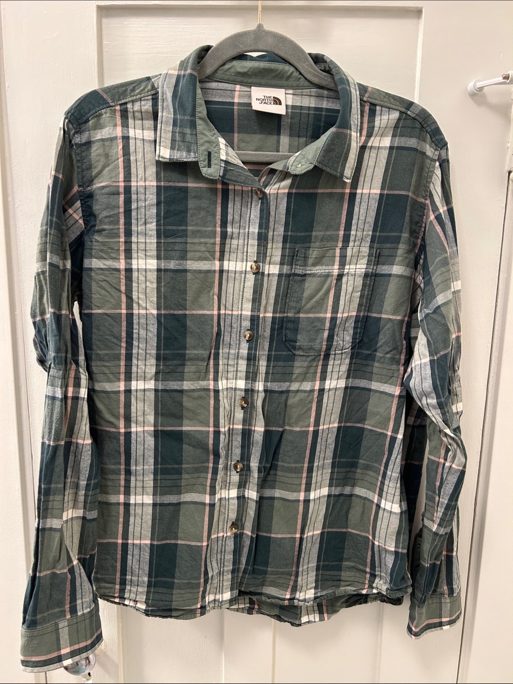 North Face large green and pink button up shirt
